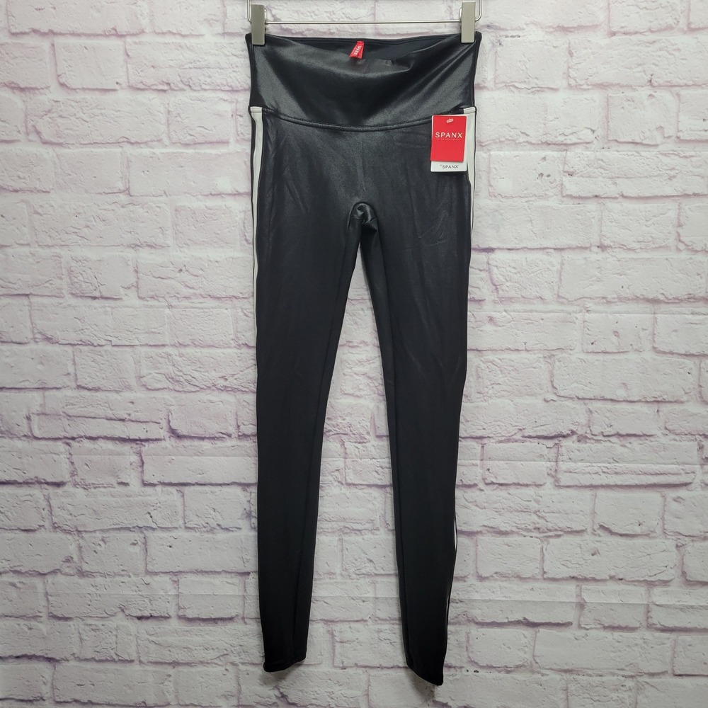 NEW Spanx Faux Leather Side Stripe Leggings Womens S‎ Athletic Athleisure Yoga